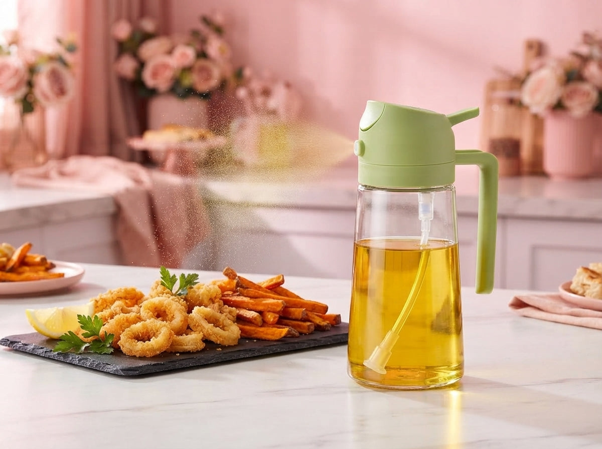 A cooking spray bottle next to a plate of crispy air-fried food on a white marble counter with soft pink floral accents.