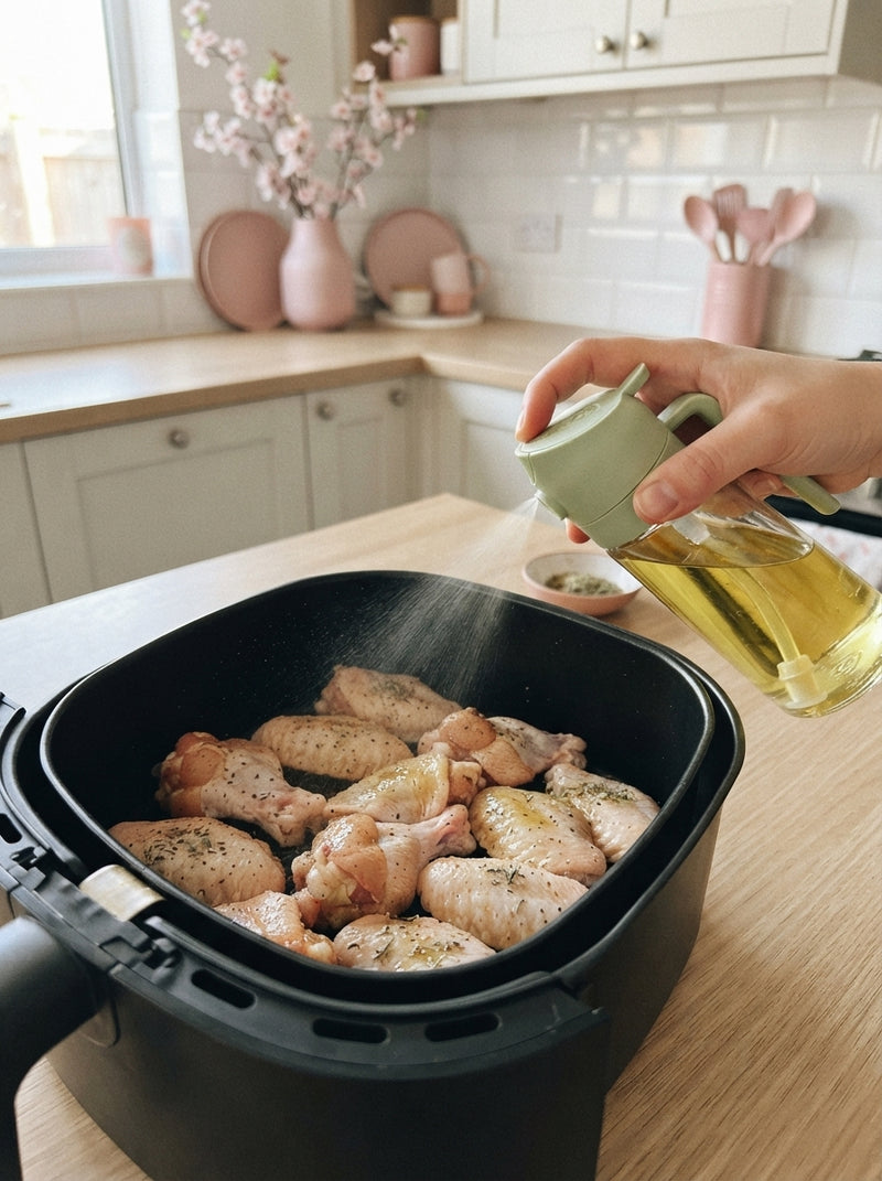 A home chef using a cooking spray bottle to mist chicken wings in an air fryer for a crispy, golden brown result.