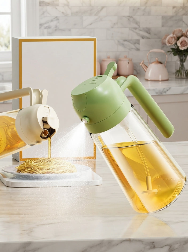 A person unboxing a new kitchen cooking spray bottle in a sunlit, modern home kitchen.