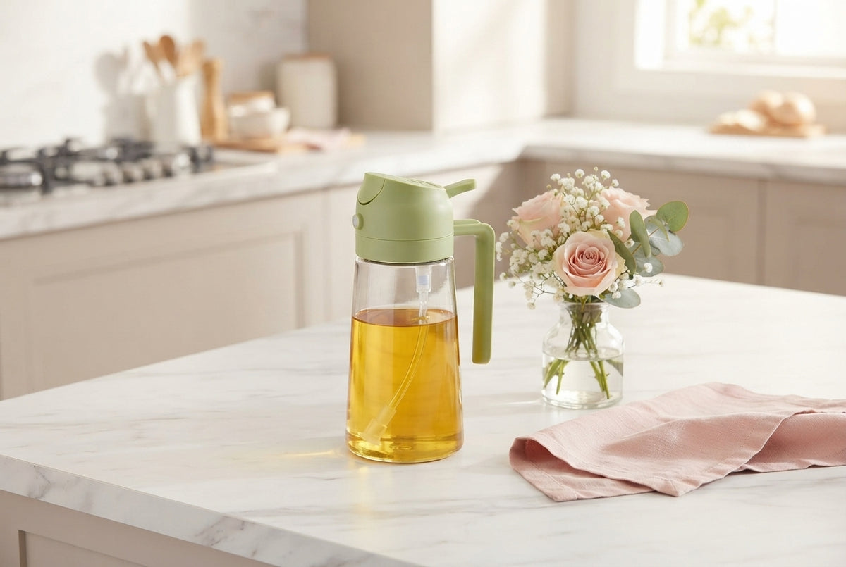 A stainless steel cooking spray bottle on a bright kitchen counter with rose and blush pink decorative accents.